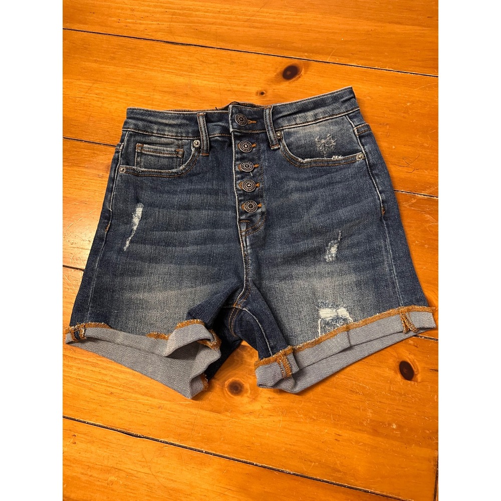 Risen Los Angeles High Rise Distressed Button Fly Denim Shorts Dark Wash Small - Picture 2 of 9